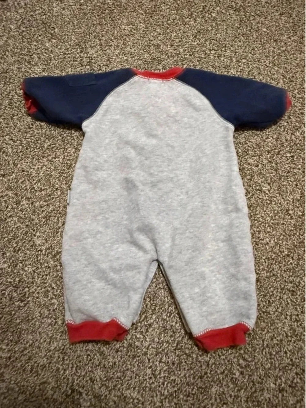 Vintage Carter’s Baby 3 Months Gray Bear Fleece One Piece Romper Red Navy